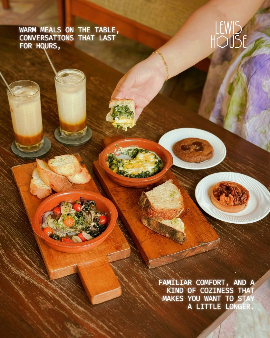 Shared board spread with dips, sourdough bread and iced coffee