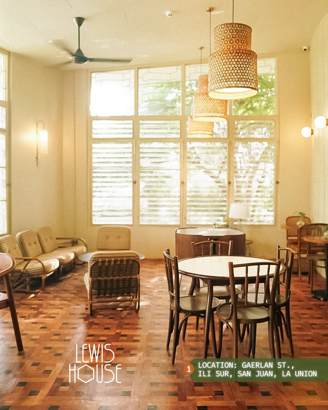 Bright cafe dining area with lattice shutters and bistro tables